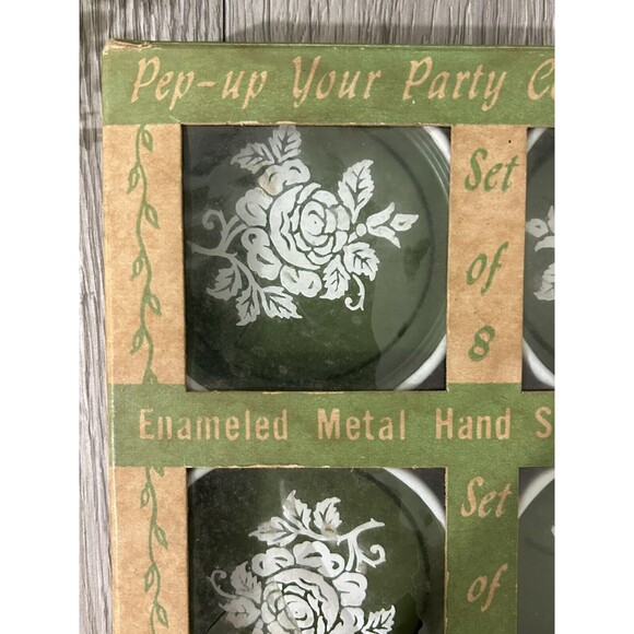 Vintage Metal Tole Ware Coasters In Original Box Green White Floral Set of 8 - Picture 4 of 13